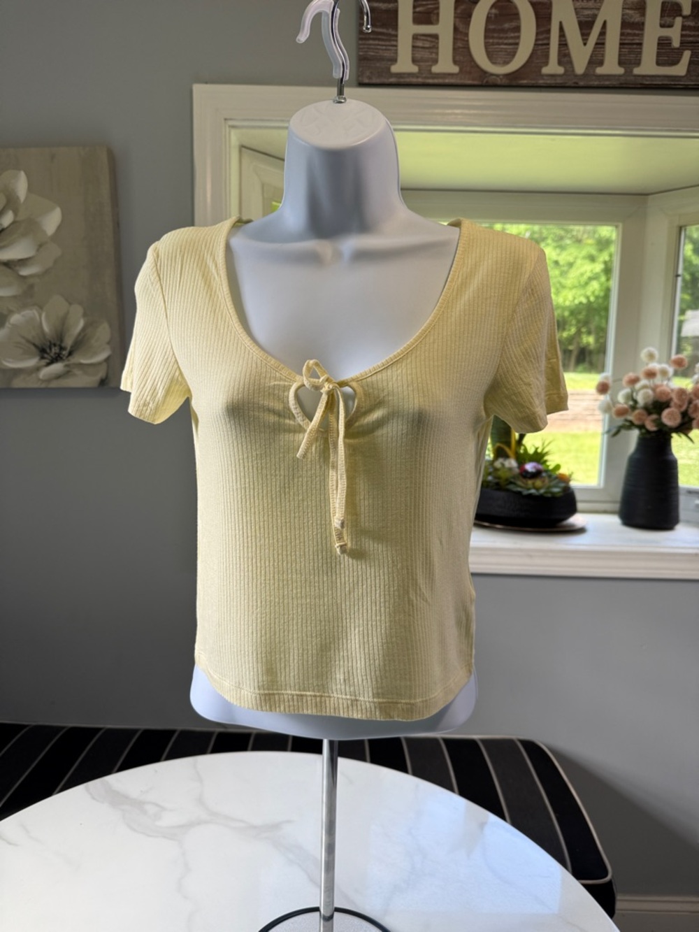 Brave Soul Pale Yellow Ribbed Tie-Front Crop Top